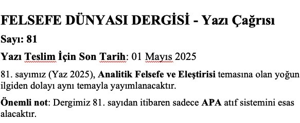 Felsefe Dünyası 81. Sayı Yazı Çağrısı